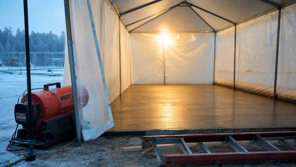 콘크리트 적산온도 계산법 — 한중 콘크리트 양생 관리의 핵심 3 A concrete curing area enclosed with a temporary t 1788435082689