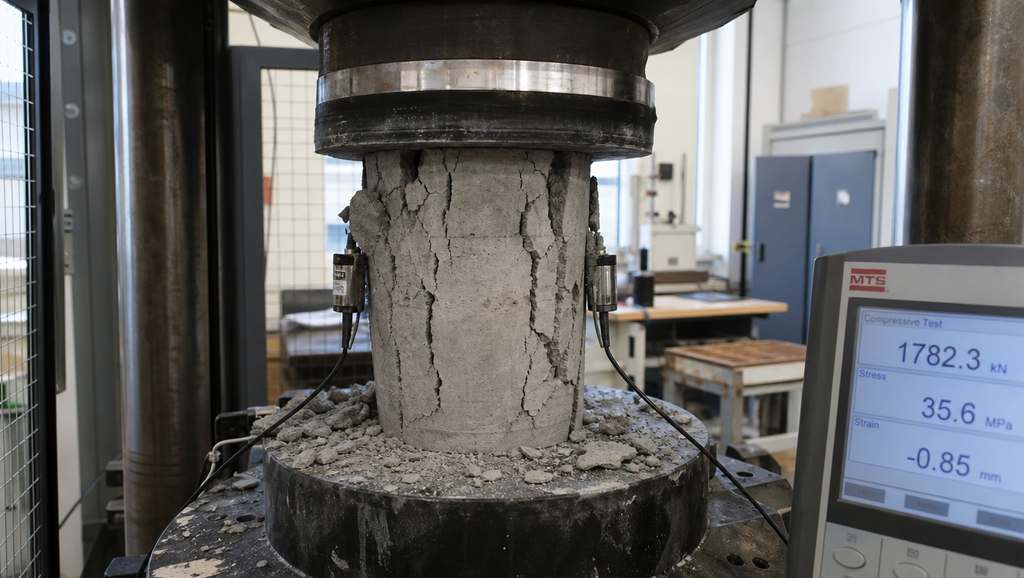 A concrete cylinder being crushed in a compression 1788434110317
