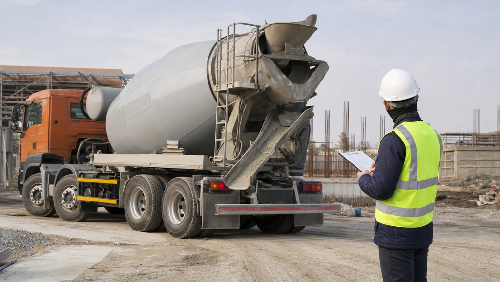 A ready mix concrete truck arriving at a construct 1788433456910