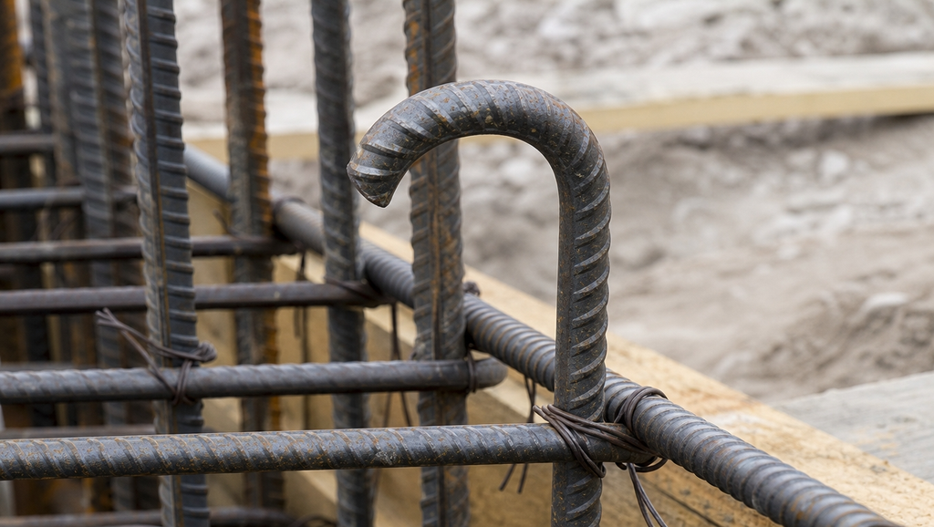 Close up of a reinforcing steel bar bent into a 90 1788433838578