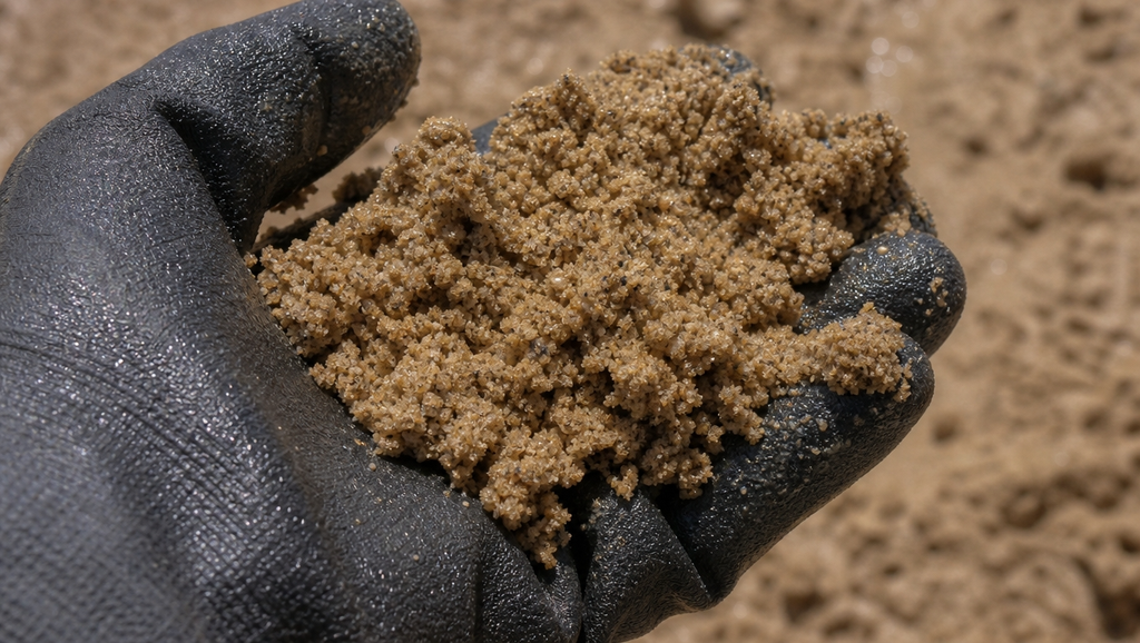 Close up of damp construction sand held in a glove 1788434586648 1