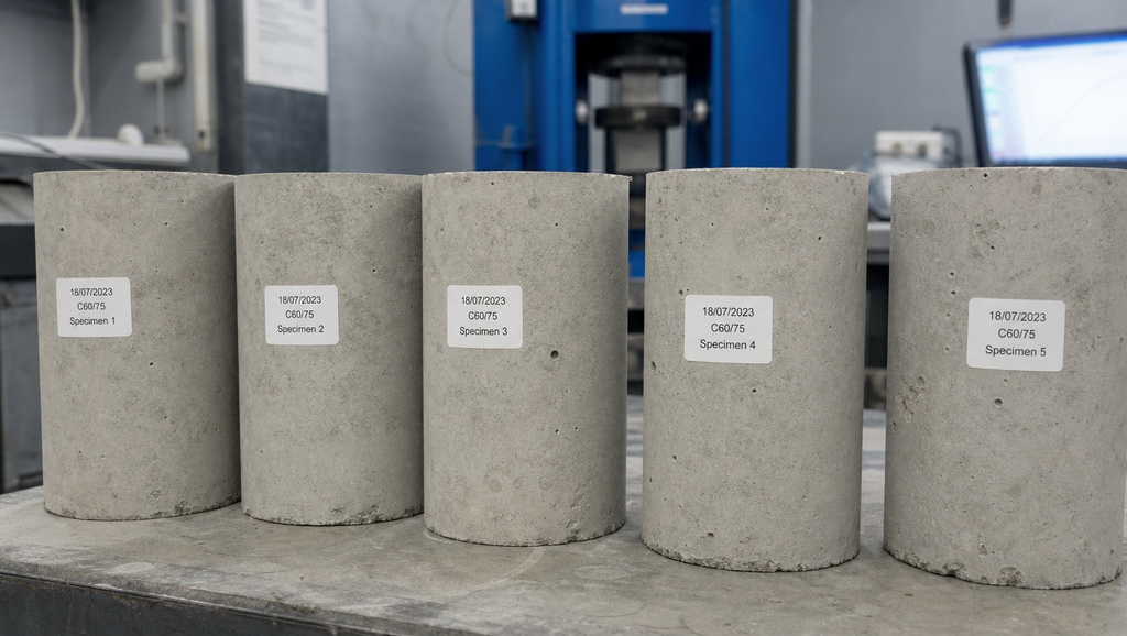 Close up of gray cylindrical concrete test specime 1788434108381