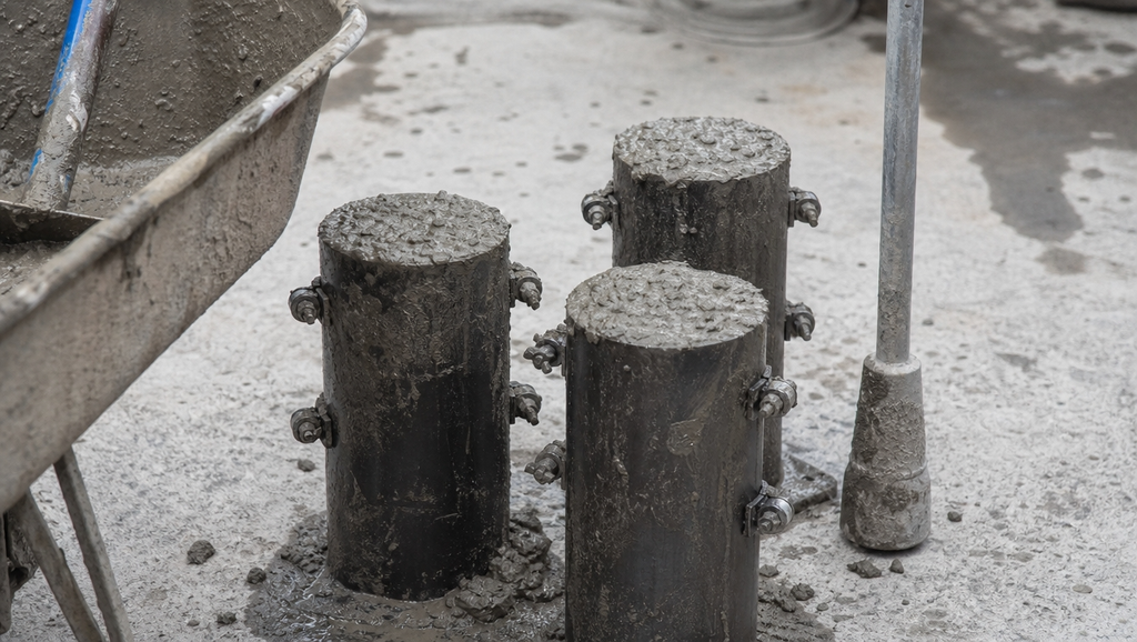 Close up of making concrete test cylinders on site 1788433463310
