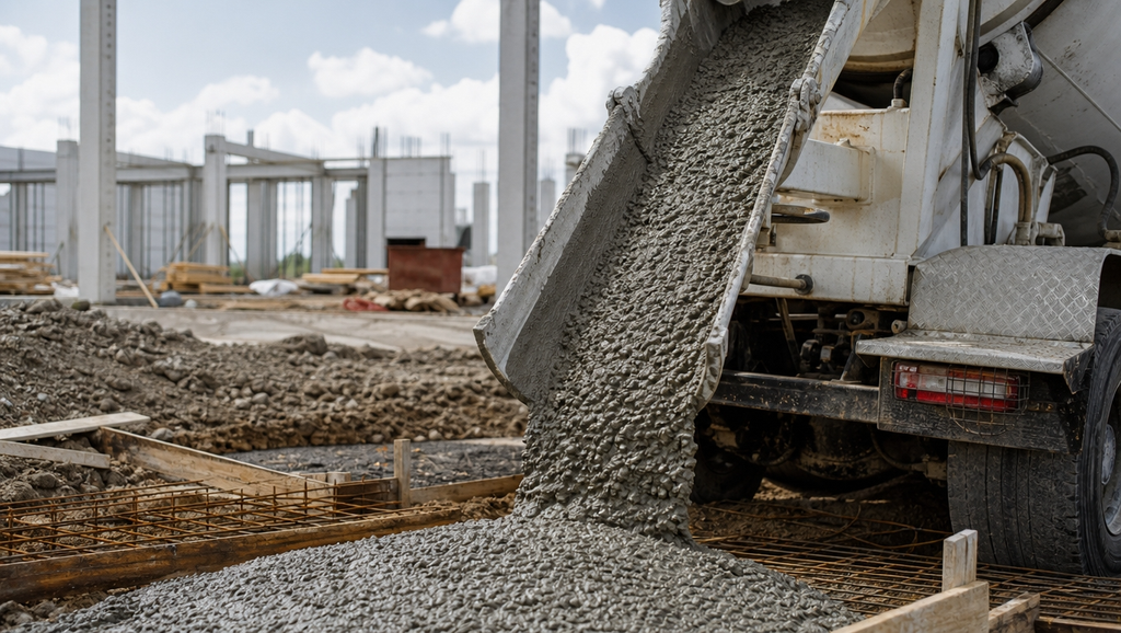 Fresh gray concrete pouring out from a ready mix t 1788529226459